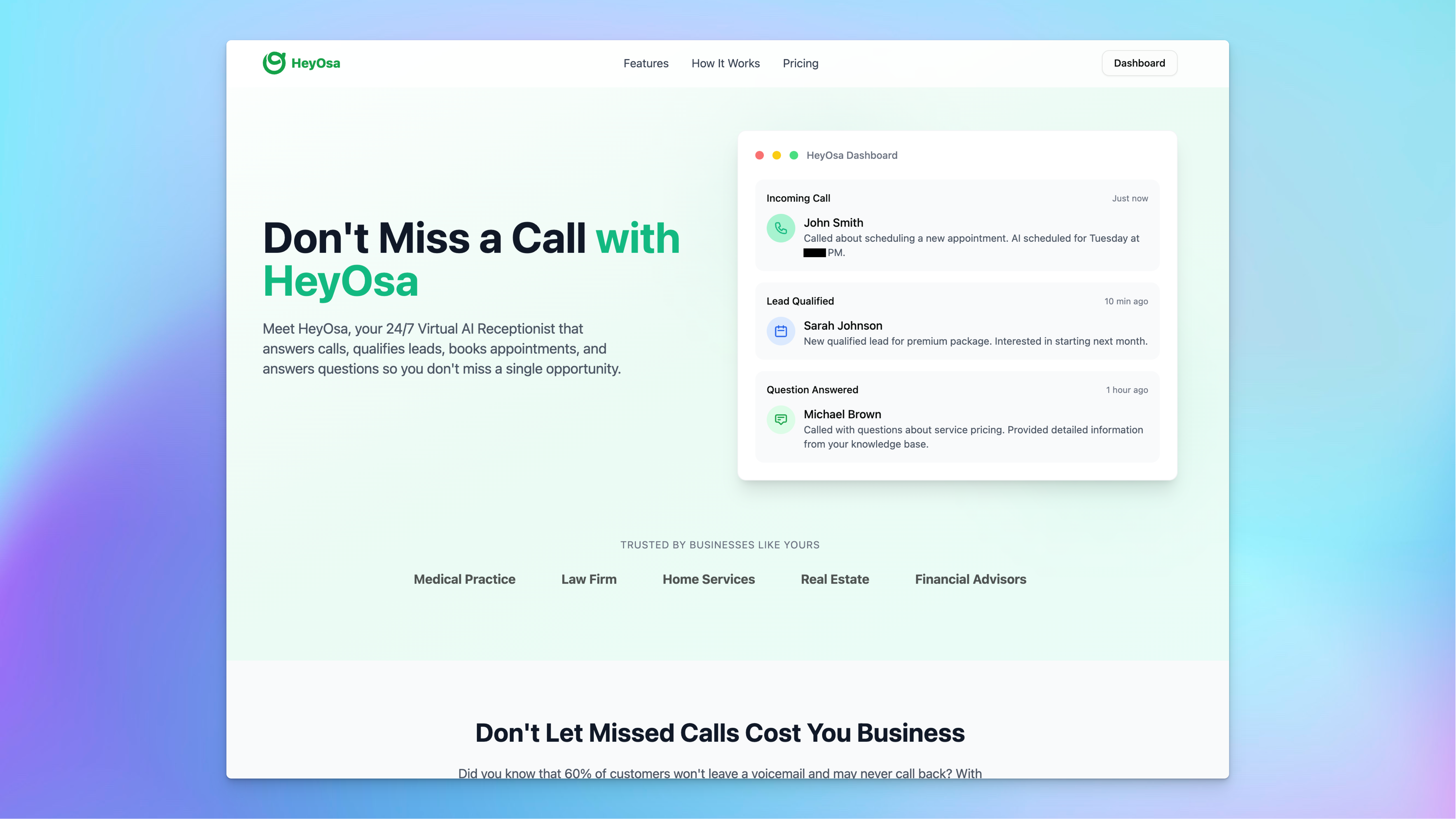 HeyOsa virtual AI receptionist dashboard showing call analytics